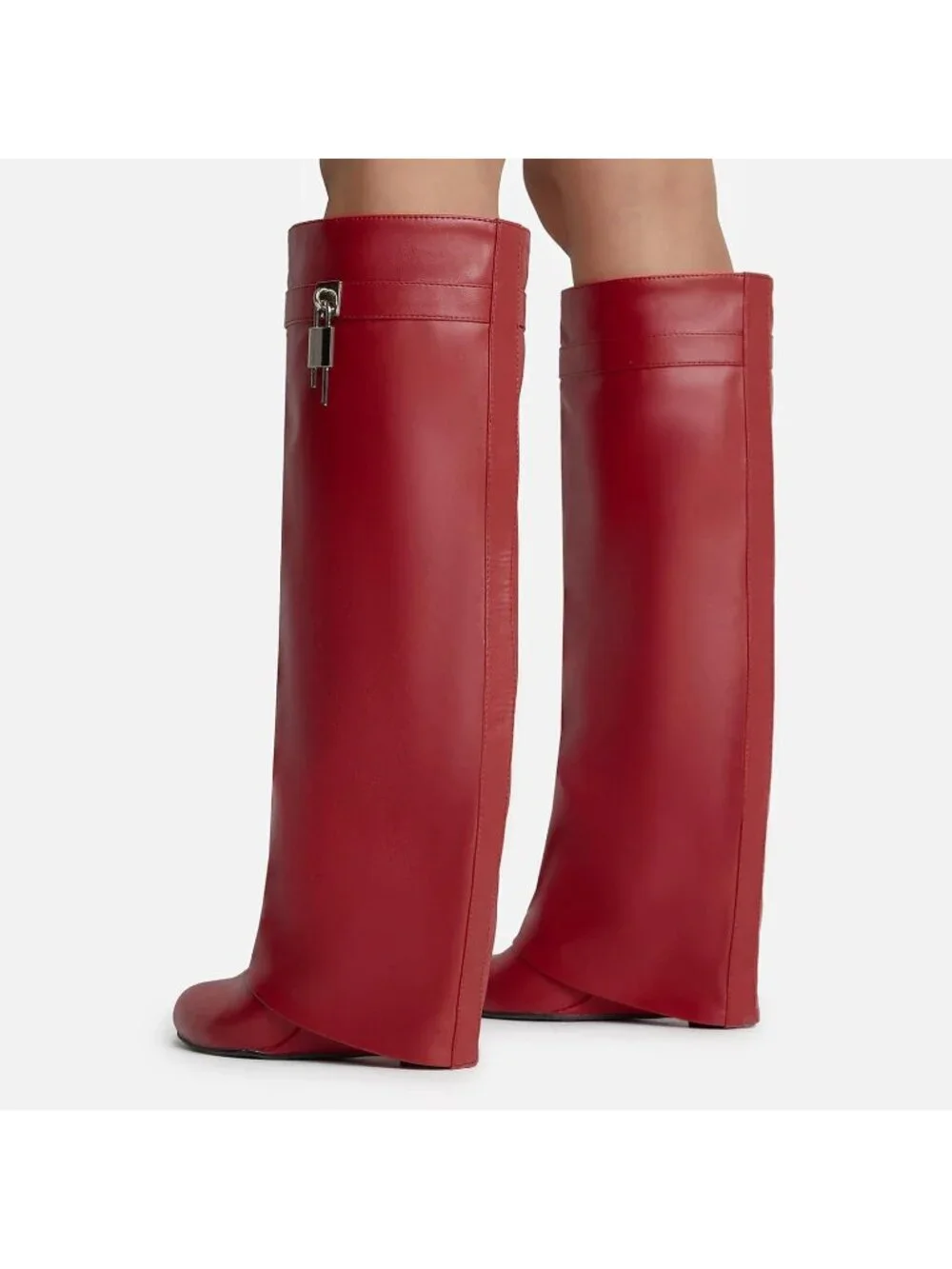 Women's Wine Fold Over Wide Calf Wedge Heel Knee High With Decorative Lock Boot